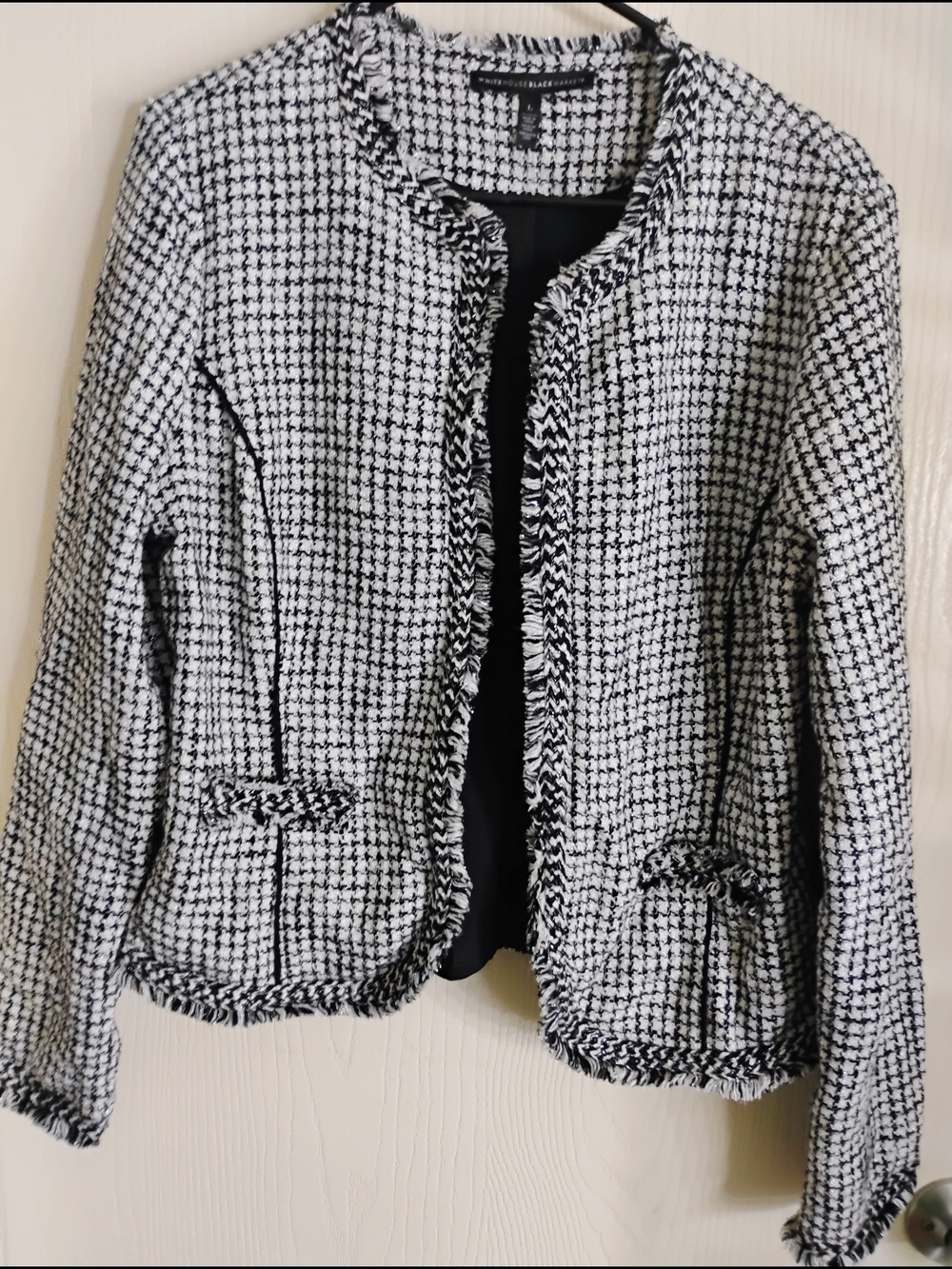 White House Black Market Black and White Tweed Fringe Jacket